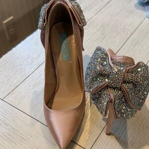 Betsey Johnson Pink Satin Heels with Rhinestone Bow